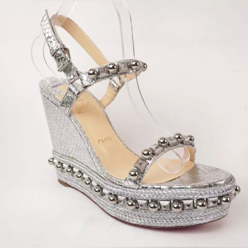 🔥CHRISTIAN LOUBOUTIN 100% AuthSilver Snake&Embellished Platform Espadrille 39 - Picture 12 of 16